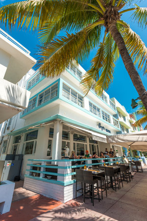MIAMI,USA - MAY 21,2014 : Ocean Drive hotels and buildings in Miami Beach, Florida. Art Deco architecture in South Beach is one of the main tourist attractions in Miamiのeditorial素材