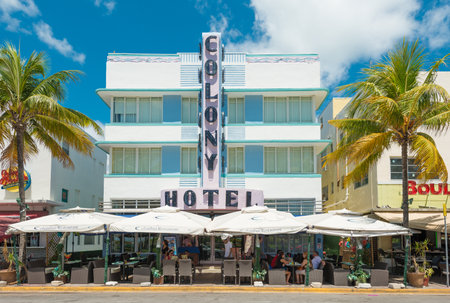 MIAMI,USA - MAY 21,2014 : The Colony Hotel at Ocean Drive in Miami Beach, Florida. This famous Art Deco building in South Beach is one of the photographed attractions in Floridaのeditorial素材