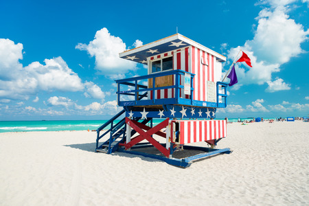 Lifeguard hut in South Beach with an american flag design, Miamiの写真素材