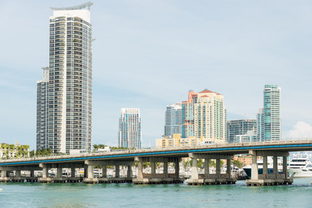  Skyscrapers in Miami Beach and the bridge crossing Biscayne Bayのeditorial素材