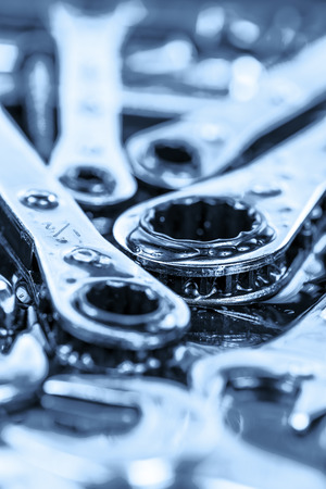 Set of blue toned metallic tools wrenches, spanners, ratchetsの写真素材