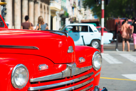 Well restored red vintage Ford car in Havanaのeditorial素材