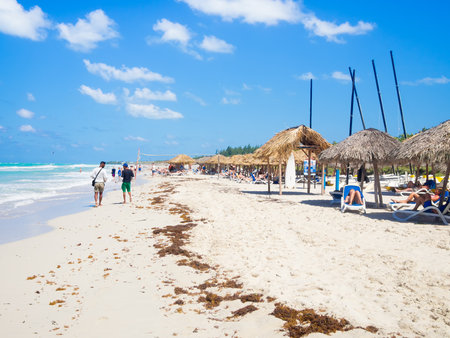Tourists relaxing and sunbathing at the beautiful beach of Varadero in Cubaのeditorial素材