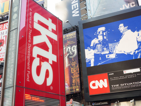 Billboard of The TKTS booth on Times Square selling discount tickets to Broadway shows in New York Cityのeditorial素材