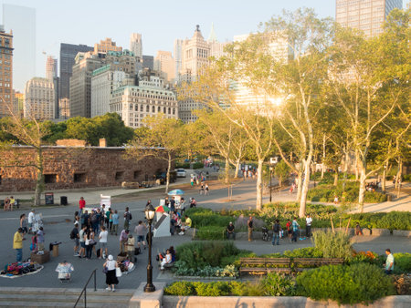 Battery Park with a view of Castle Clinton and the downtown Manhattan skylineのeditorial素材