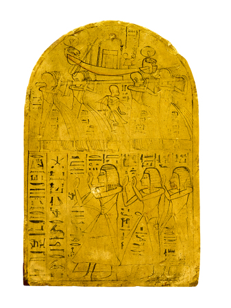 Ancient egyptian tablet with hieroglyphs , human figures and a boatの写真素材