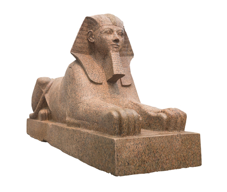 Ancient egyptian sphinx sculpted in red granite stone - Isolated on whiteの写真素材