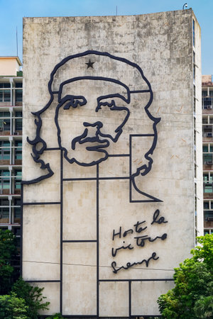 Government building besides the Revolution Square in Havana  with a famous Che Guevara image and revolutionary sloganのeditorial素材