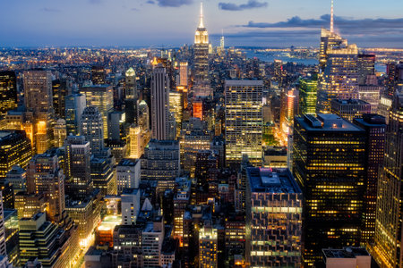 Beautiful panoramic aerial view of New York City at sunsetのeditorial素材