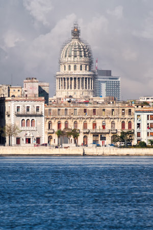 Old Havana buildings  along the bay with a view of the Capitol buildingのeditorial素材