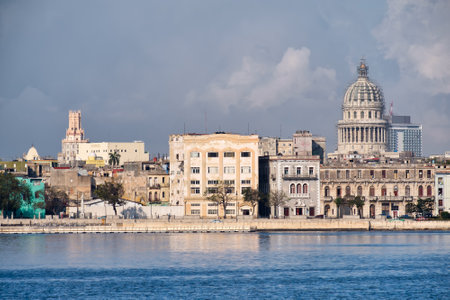 Old Havana buildings  along the bay with a view of the Capitol buildingのeditorial素材