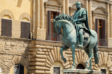 Bronze statue of Cosimo I de Medici by the artist Giambologna at Piazza della Signoria in Florenceのeditorial素材