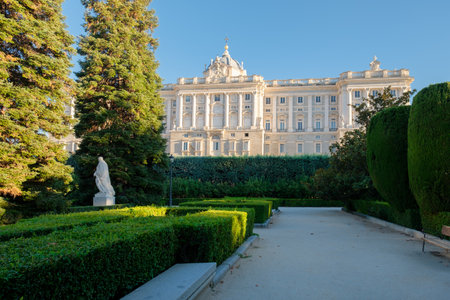 The Royal Palace of Madrid and its gardens on a clear summer dayのeditorial素材