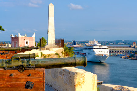 Large cruise sip on the bay of Havana with old bronze cannons on the foregroundのeditorial素材