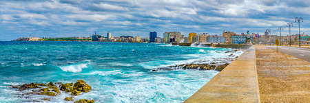 Panoramic view of the Havana skyline and the iconic Malecon seawall with a stormy oceanの写真素材