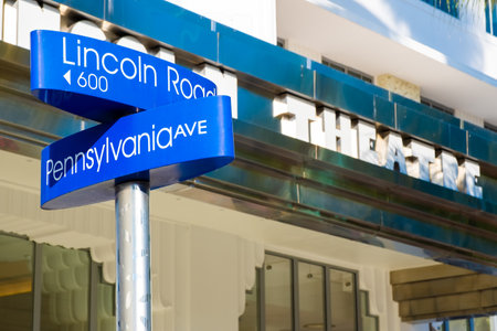 Street sign at Lincoln Road,a world famous shopping and dining promenade in Miami Beachのeditorial素材