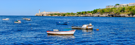 The bay of Havana with small fishing boats on a beautiful summer dayの写真素材