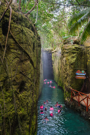 Underground river at XCaret park on the Mayan Riviera in Mexicoのeditorial素材