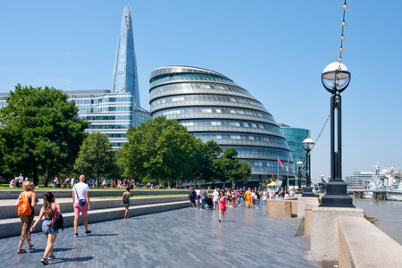 The London Southbank on a sunny summer day with a view of the City Hallのeditorial素材
