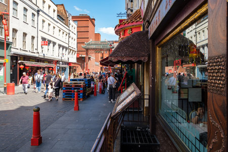 Street scene on a sunny day at Chinatown in Londonのeditorial素材