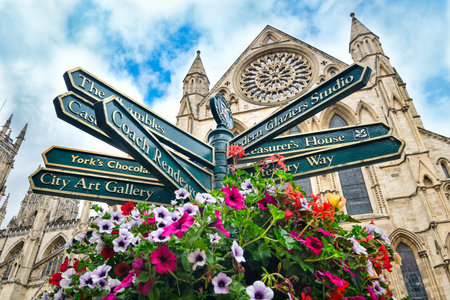 Street sign with directions to landmarks in the english city of York - With the York Cathedral on...