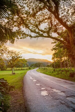 Lonely road and sunset at the beautiful ViÃ±ales valley in Cubaの写真素材