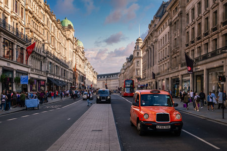 Regent Street in London at sunset, one of the world most prestigious shopping and lifestyle destinationsのeditorial素材