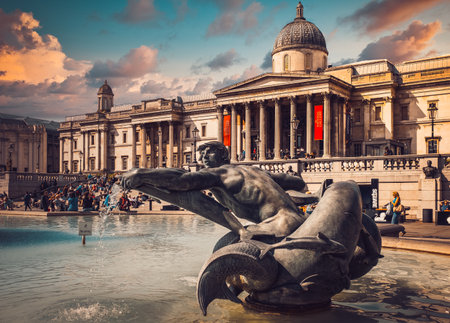 Trafalgar Square and the National Gallery in London at sunsetのeditorial素材