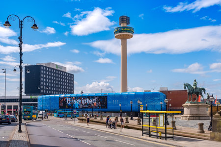 Urban scene at the Liverpool city center with a view of St Johns Beaconのeditorial素材