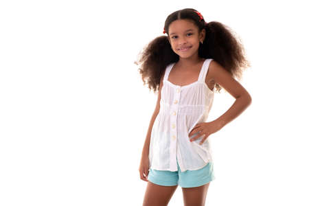 Cute multiracial small girl wearing casual summer clothes - Isolated on a white nackgroundの写真素材