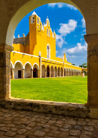 The San Antonio franciscan monastery at the yellow city of Izamal in Mexicoの写真素材