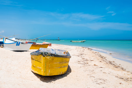Boats at the beach of Progreso near Merida in Mexicoの写真素材
