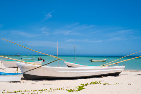 Boats at the beach of Progreso near Merida in Mexicoの写真素材