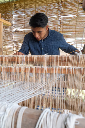 Weaver using a loom to weave traditional Oaxacan textiles.のeditorial素材