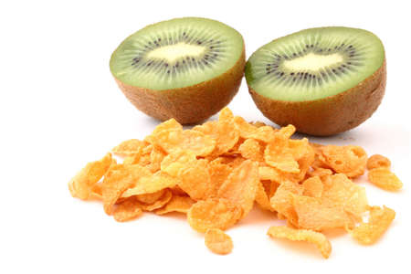 cornflakes with kiwi on whiteの写真素材
