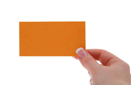 female hand holding blank business cardの写真素材