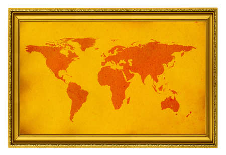 world map in golden frame isolated on whiteの写真素材