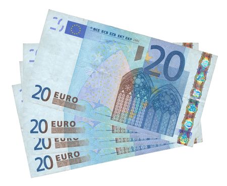close-up of four 20 Euro banknotes isolated on white backgroundの写真素材