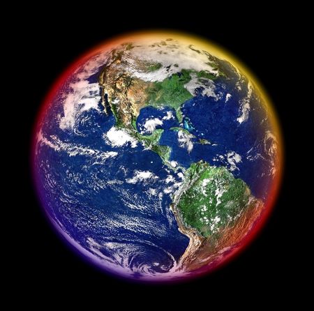 mother earth with colorful halo against blackの写真素材