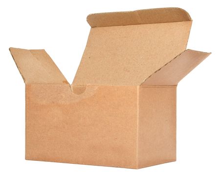 front view of single open cardboard box against white background