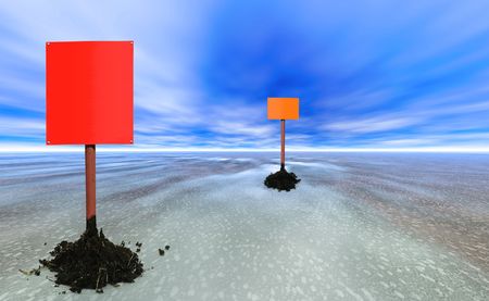 two blank sign posts on an abstract planetの写真素材