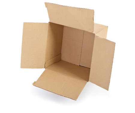 open cardboard box on white, small natural shadow in front of object