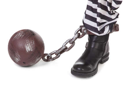 prisoner's leg and ball and chain on white 