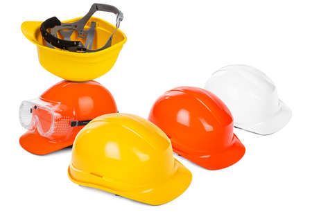 group of hard hats, small natural shadow under objects
