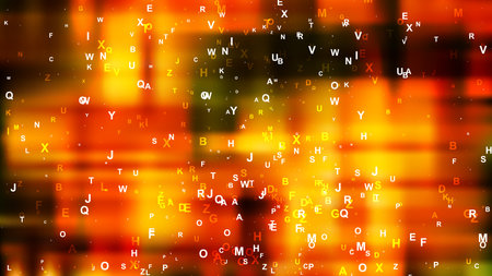 Abstract Black Red and Yellow Scattered Letters Background Imageの写真素材