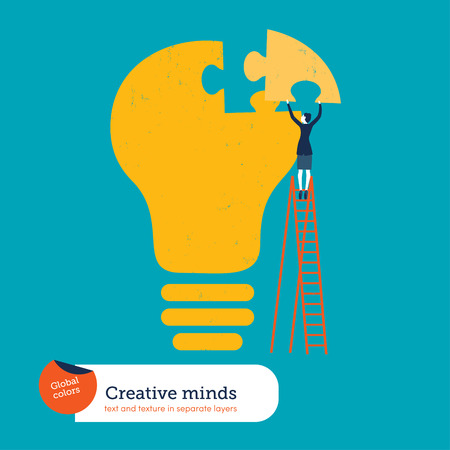 Businesswoman completing a bulb puzzle. Vector illustration Eps10 file. Global colors. Text and Texture in separate layers.のイラスト素材