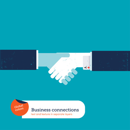 Handshake between two businessmen one of them keeping an ace up his sleeve. Vector illustration. Global colors. Text and Texture in separate layers.のイラスト素材