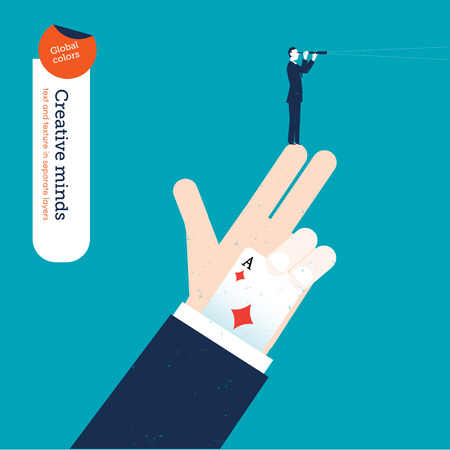 Magician hand with an ace up his sleeve and businessman with spyglass. Vector illustration. Global colors. Text and Texture in separate layers.のイラスト素材
