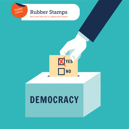 Hand of a businessman putting a democracy voting ballot with yes or no in a ballot box. Vector illustration. Global colors. Text and Texture in separate layers.のイラスト素材