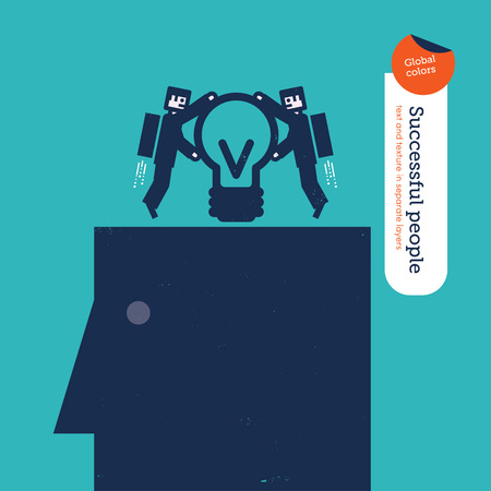 Businessmen robots putting a bulb in to a head. Vector illustration Eps10 file. Global colors. Text and Texture in separate layers.のイラスト素材